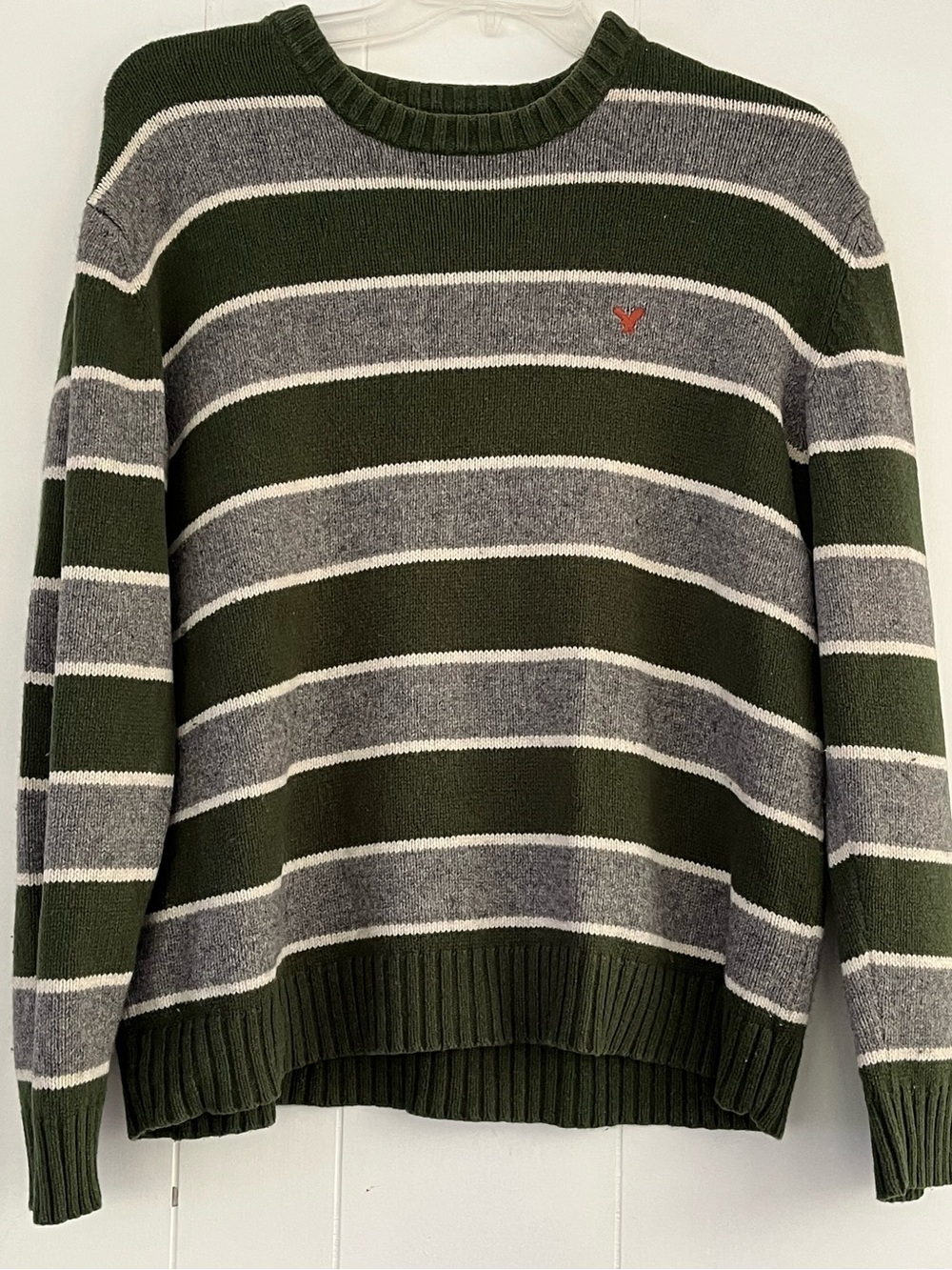 Y2K American Eagle Mens XL Green Gray Stripe Wool Blend Crewneck Sweater Vintage